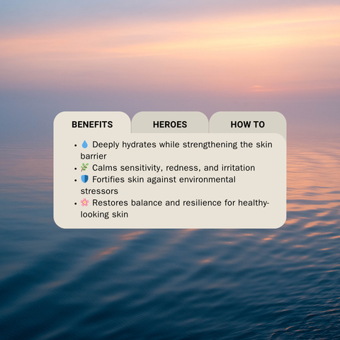 Benefits tab text overlay on a scenic background with water and sunset. Tab shows benefits of a product