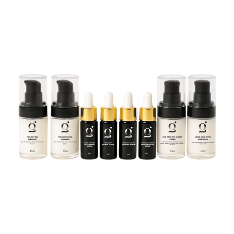 Set of skincare serum bottles with black and gold caps on a white background for the discovery set kit