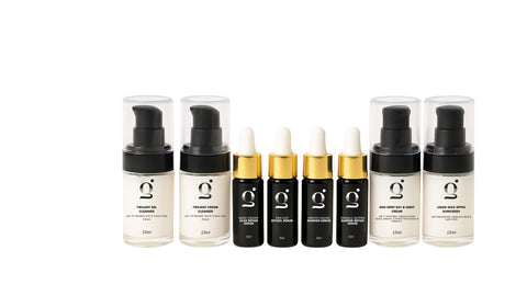 Set of skincare serum bottles with black and gold caps on a white background for the discovery set kit