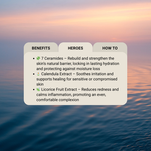 Heroes tab text overlay on a scenic background with water and sunset. Tab shows ingredients